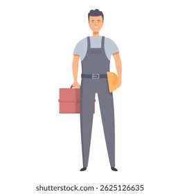 Construction worker holding tool box and helmet, smiling builder wearing overalls