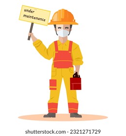 Construction worker holding under maintenance sign vector illustration