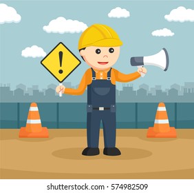 construction worker holding warning sign and megaphone