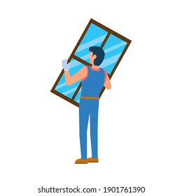 construction worker holding a window over white background, flat style, vector illustration