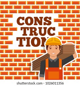 construction worker holding wooden board wall brick