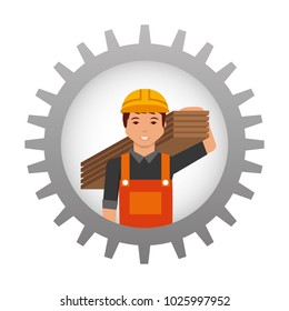 construction worker holding wooden inside gear