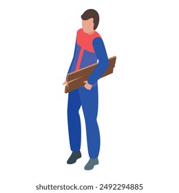 Construction worker holding wooden planks isometric illustration