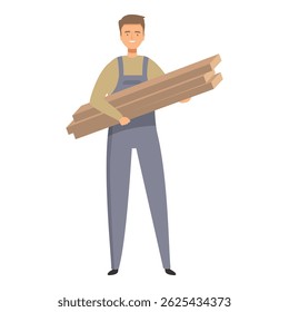 Construction worker is holding wooden planks, smiling building contractor character
