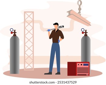 a construction worker holding a wrench in an iron workshop vector illustration, technician's hands holding wrench, industry, and manufacture