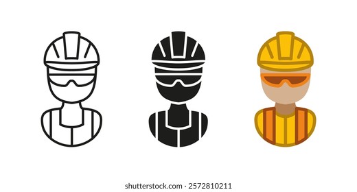 Construction worker icon. Builder character uniform symbol. Repairman with protective helmet and glasses vector illustration. Foreman avatar. Industrial labor sign. Contractor pictogram. Architect job