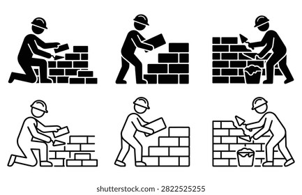 construction worker icon building bricks illustration in black and white for construction concept de
