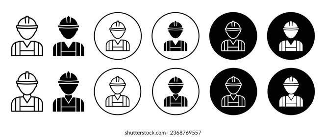 Bauarbeitersymbol. Maschinenbauer, der Arbeitswerkssymbole setzt. Bauarbeiter mit Sicherheitsmütze oder Helmvektor. Bauingenieur oder Bauunternehmer-Leitungszeichen.