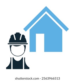 Construction Worker Icon with Safety Helmet and House Symbol - Blueprint, Real Estate Development, and Home Building Concept Vector Illustration for Construction Industry and Architecture Projects.