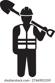 Construction worker icon with safety helmet and tools silhouette vector icon