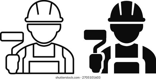 Construction worker icon set builder plumber painter welder engineer maintenance labor character vector pack, black and white and solid professional industry tool avatar symbols for service and repair