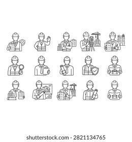 Construction Worker Icon Set, Engineer Builder Line Vector isolated on white background