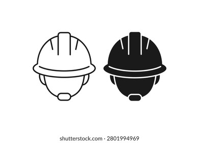 Construction worker icon set, linear and solid engineer with hard hat helmet symbol