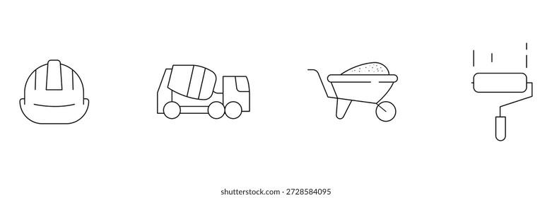 Bauarbeiter-Ikonensatz, Schutzhelm, Zementmischwagen, Schubkarre, Farbroller-Werkzeuge Illustration
.