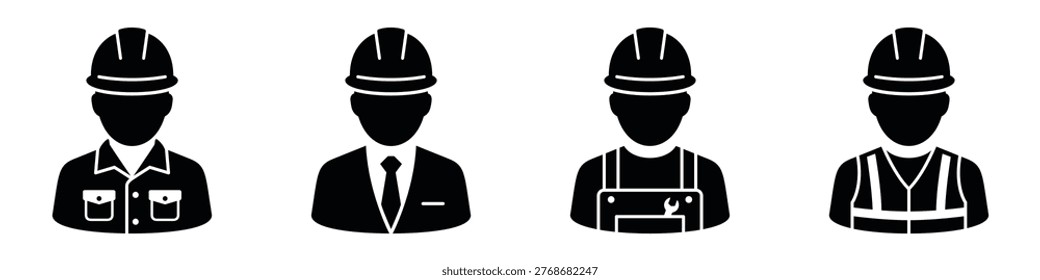 Construction worker icon set with various professional uniforms and hard hat
