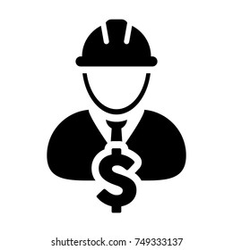 Construction Worker Icon Vector Dollar Sign Symbol with Male Person Profile Avatar and Hardhat Helmet in Glyph Pictogram illustration