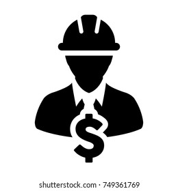 Construction Worker Icon Vector Dollar Sign Symbol with Male Person Profile Avatar and Hardhat Helmet in Glyph Pictogram illustration