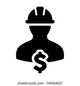 Construction Worker Icon Vector Dollar Sign Symbol with Male Person Profile Avatar and Hardhat Helmet in Glyph Pictogram illustration