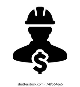 Construction Worker Icon Vector Dollar Sign Symbol with Male Person Profile Avatar and Hardhat Helmet in Glyph Pictogram illustration