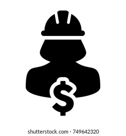 Construction Worker Icon Vector Dollar Sign Symbol with Female Person Profile Avatar and Hardhat Helmet in Glyph Pictogram illustration