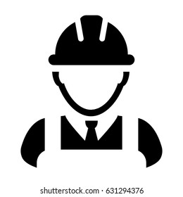Construction Worker Icon - Vector Person Profile Avatar With Hard hat Helmet and Jacket Glyph Pictogram Symbol illustration
