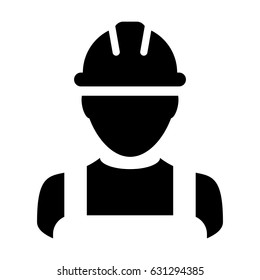 Construction Worker Icon - Vector Person Profile Avatar With Hard hat Helmet and Jacket Glyph Pictogram Symbol illustration
