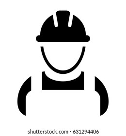 Construction Worker Icon - Vector Person Profile Avatar With Hard hat Helmet and Jacket Glyph Pictogram Symbol illustration
