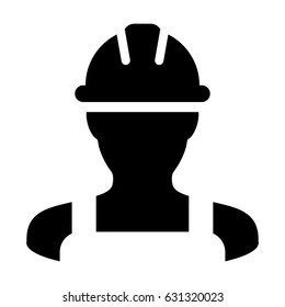 Construction Worker Icon - Vector Person Profile Avatar With Hard Hat Helmet And Jacket Glyph Pictogram Symbol Illustration
