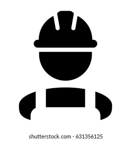 Construction Worker Icon - Vector Person Profile Avatar With Hardhat Helmet and Jacket Glyph Pictogram Symbol illustration