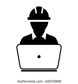 Construction Worker Icon - Vector Person Profile Avatar With Laptop Computer and Hardhat Helmet Glyph Pictogram Symbol illustration