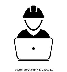 Construction Worker Icon - Vector Person Profile Avatar With Laptop Computer and Hardhat Helmet Glyph Pictogram Symbol illustration