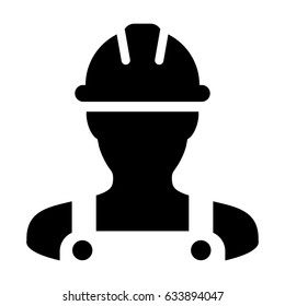 Construction Worker Icon - Vector Person Profile Avatar With Hardhat Helmet and Jacket Glyph Pictogram Symbol illustration