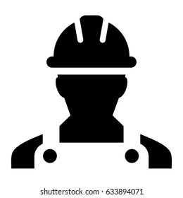 Construction Worker Icon - Vector Person Profile Avatar With Hardhat Helmet and Jacket Glyph Pictogram Symbol illustration