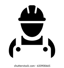 Construction Worker Icon - Vector Person Profile Avatar With Hardhat Helmet and Jacket Glyph Pictogram Symbol illustration