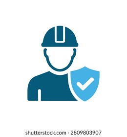 Construction worker icon wearing hard hat isolated on transparent background with shield checkmark