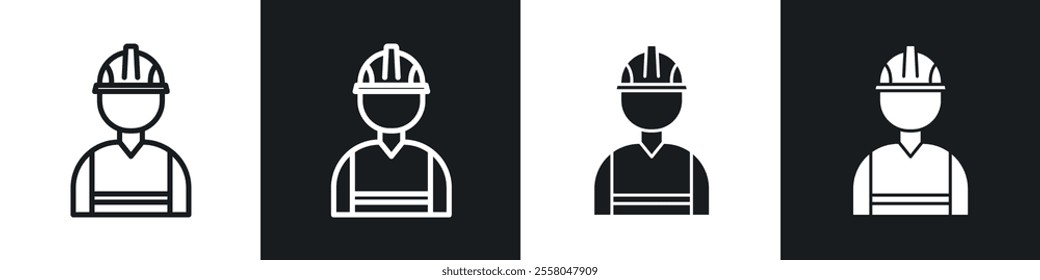 Construction worker icons pack in black and white filled and outlined versions.