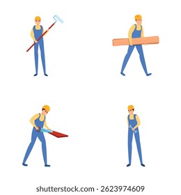 Construction worker icons set cartoon vector. Male builder during work. Working on construction site