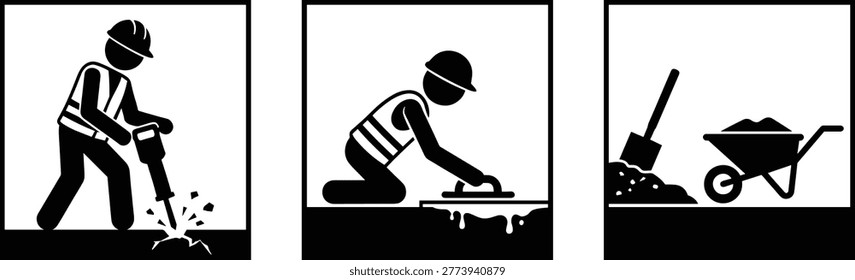 Construction worker icons showing jackhammer operation, concrete leveling, and material handling with shovel and wheelbarrow

