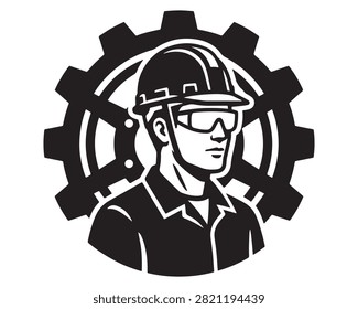 Construction worker illustration displays a professional engineer wearing a safety helmet against a large industrial gear icon.