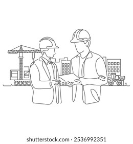 Ilustración de trabajador de construcción Un solo dibujo de línea de un joven gerente de construcción hacer brief corto al coordinador del constructor. Concepto de negocio de arquitectura de edificios. Dibujo de línea continua.
