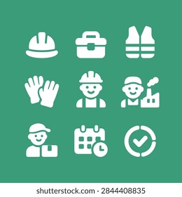Construction Worker and Industrial Safety Solid Icons on Teal