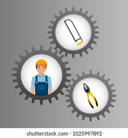 construction worker inside mechanical gear and tools