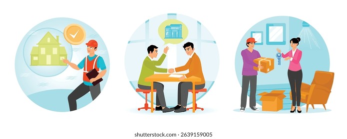 A construction worker inspecting a property. Businessmen shake hands while discussing a real estate deal. Property owner gives house keys to a man. Real estate buying experience concept.