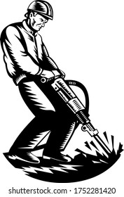Construction Worker with Jack Hammer Pneumatic Drill Woodcut Retro Black and White