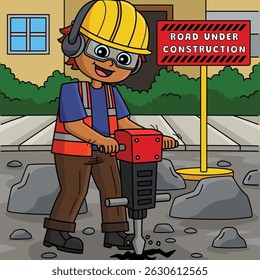 Trabajador de la construcción Jack Hammering Road coloreado 