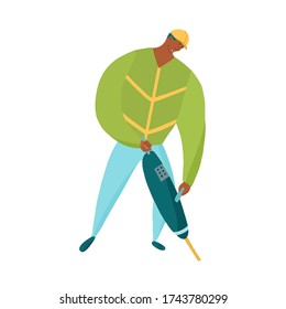 Construction worker with jackhammer rock drilling. African american labourer in uniform. Vector illustration for building company websiter or ad.