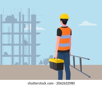 Construction Worker at job Site With tool Box And Ladder Premium Vector