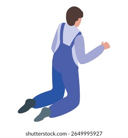 Construction worker kneeling down and pointing with his hand, isometric view