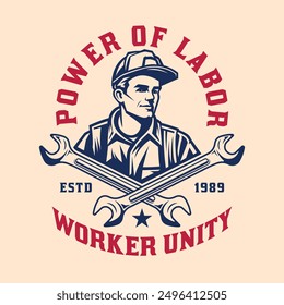 Construction worker Labor Day spanner tools vintage retro logo