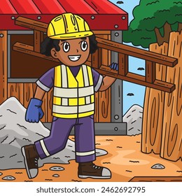 Construction Worker with a Ladder Colored Cartoon